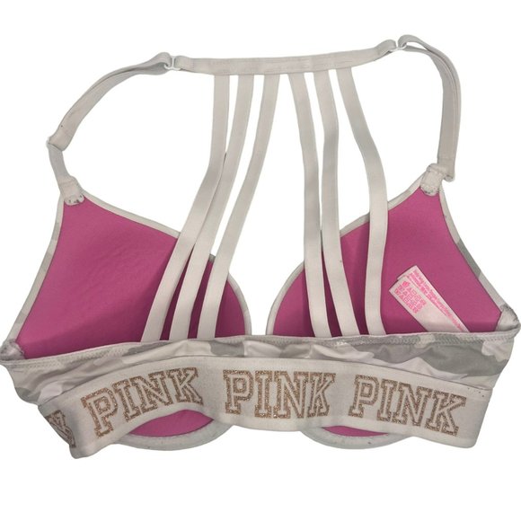 Victoria's Secret Pink Beige Camo Wear Everywhere Push Up Bra Racerback Size 32C - Picture 2 of 6
